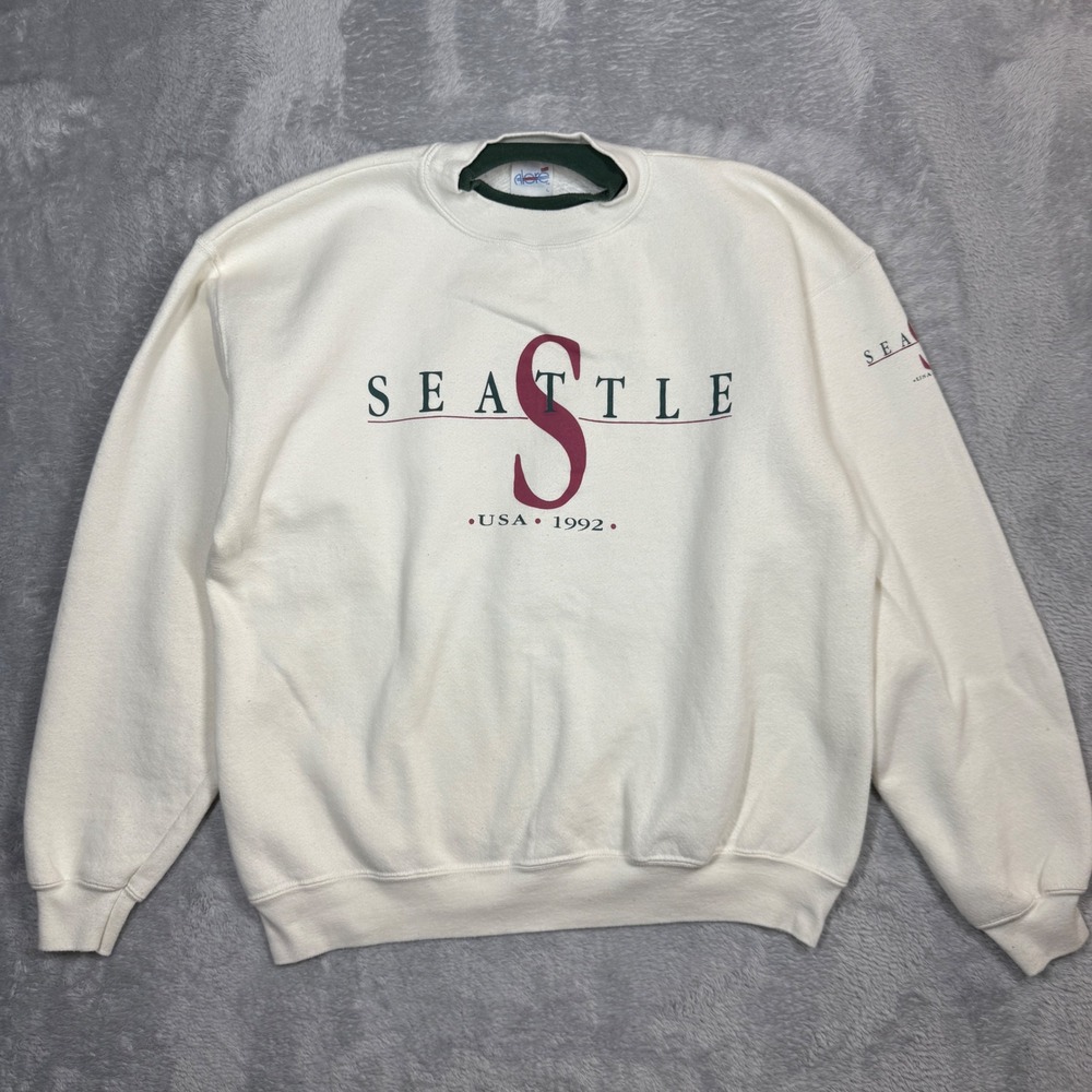 Vintage Alore Seattle Sweatshirt Mens L White USA 1992 Graphic Pullover 90s